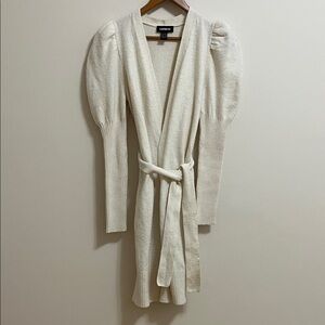 Express Wrap Tie Belt Cardigan Duster Knit Cream Ribbed Puff Sleeves Size Small